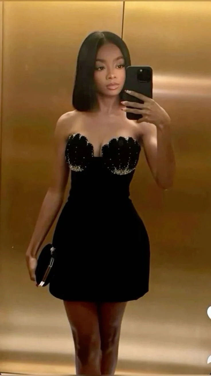 Luolandi Black Sweetheart Velvet Short Party Dress Cocktail Dress Off Shoulder Homecoming Dress